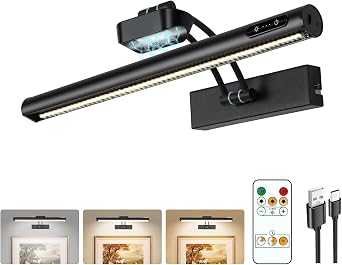 Wireless Picture Light, 16", 5000mAh Rechargeable Battery, Black | 300 lm, 10%-100% dimmable, 3 color temperatures 3000K/4000K/6000K, remote & touch control, magnetic mount for artwork