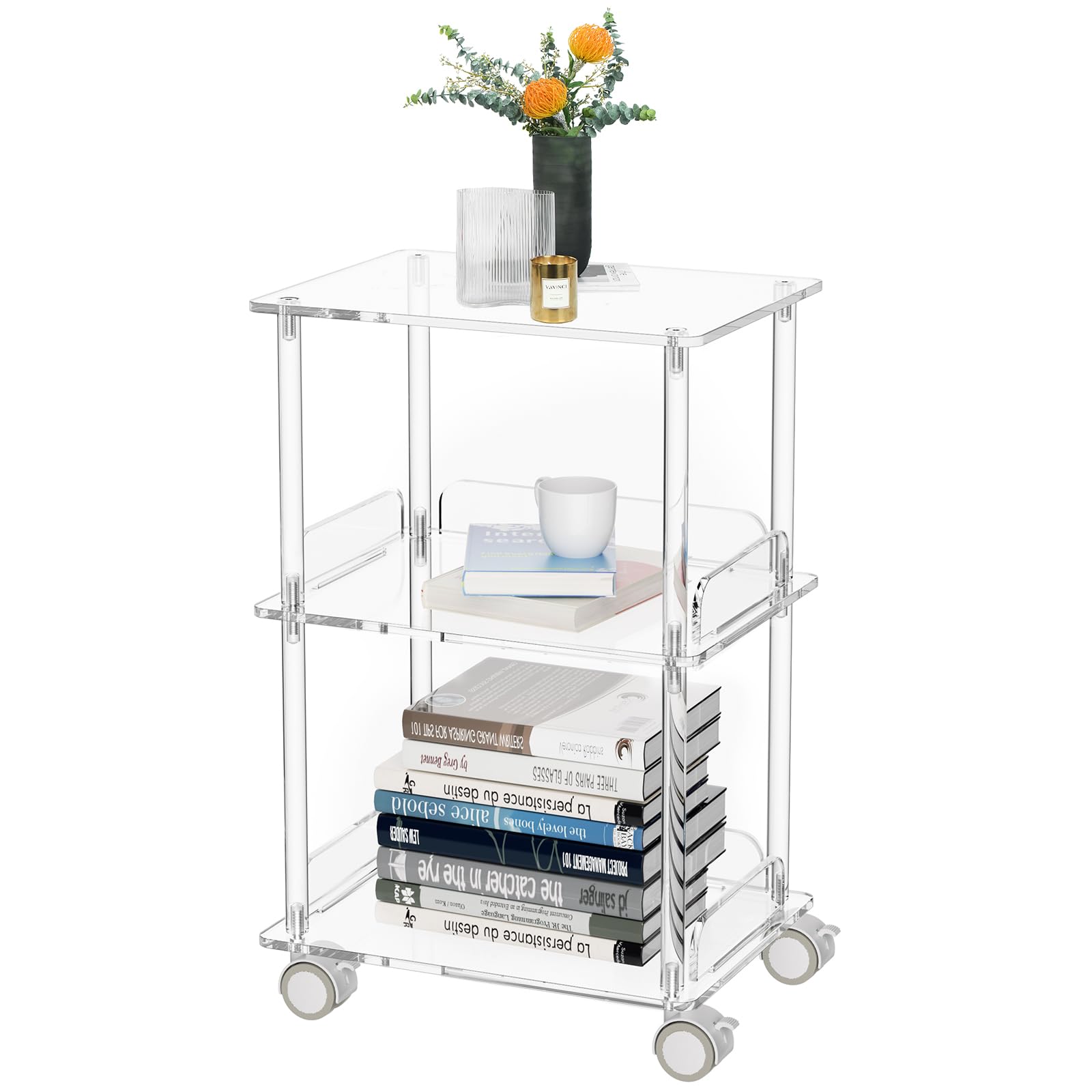 KSacry Acrylic Utility Carts, Rolling Side Table for Small Spaces, Mobile End Table with Lockable Wheels, Nightstand/Bedside Table for Living Room, Bedroom, 3-Tier
