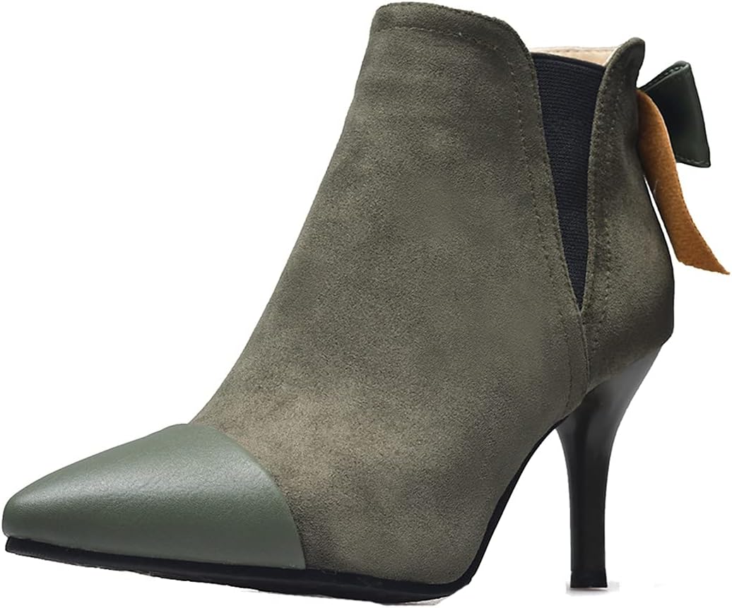 VOKLIN Women's Pointed Toe Dress Ankle Booties Fashion Bowtie Elastic Stiletto High Heel Elegant Short Boots