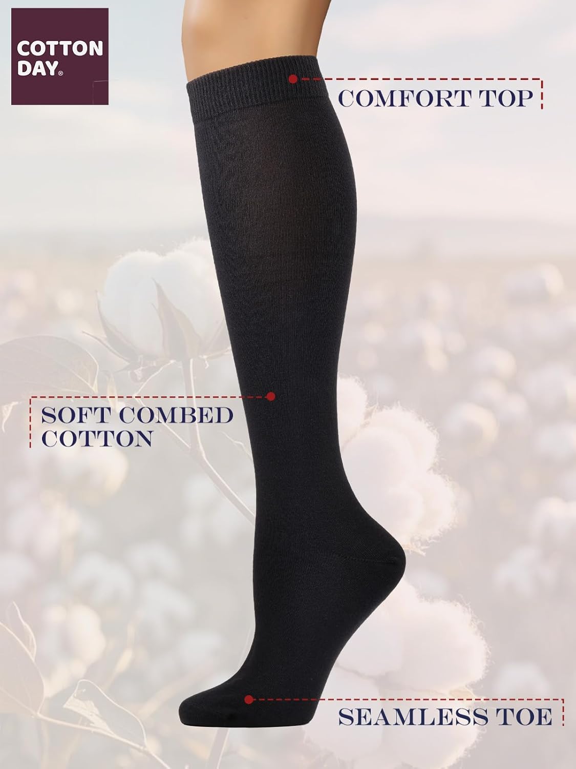 COTTON DAY Women's Soft Combed Cotton Knee High Long Calf Dress Socks Seamless Toe Black White Gray Navy Blue Brown - Image 4