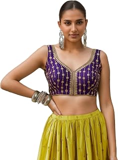 Drishti Fashion Women's Dhupion Silk Embroidery Sequence Work V Neck Sleeveless Blouse Choli Stylish Saree Blouse Ready to... Price In India
