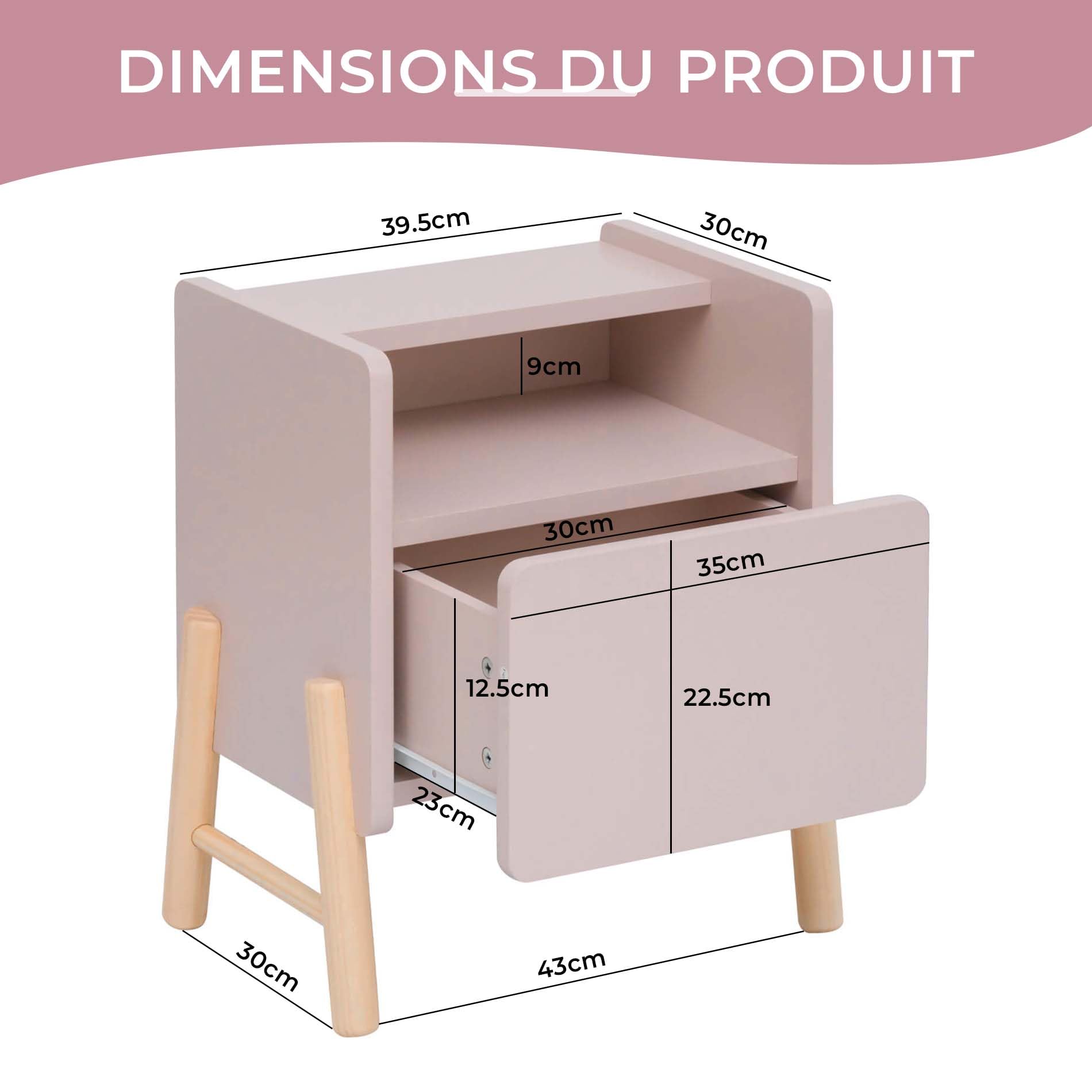 Rebecca Mobili Table de Nuit pour Chambre d'enfant, Table de Nuit Montessori, Rose Marron, MDF Pin, Stable, Chambre d'enfant - Dimensions HxLxP : 49 x 43 x 30 cm - Art. RE7129