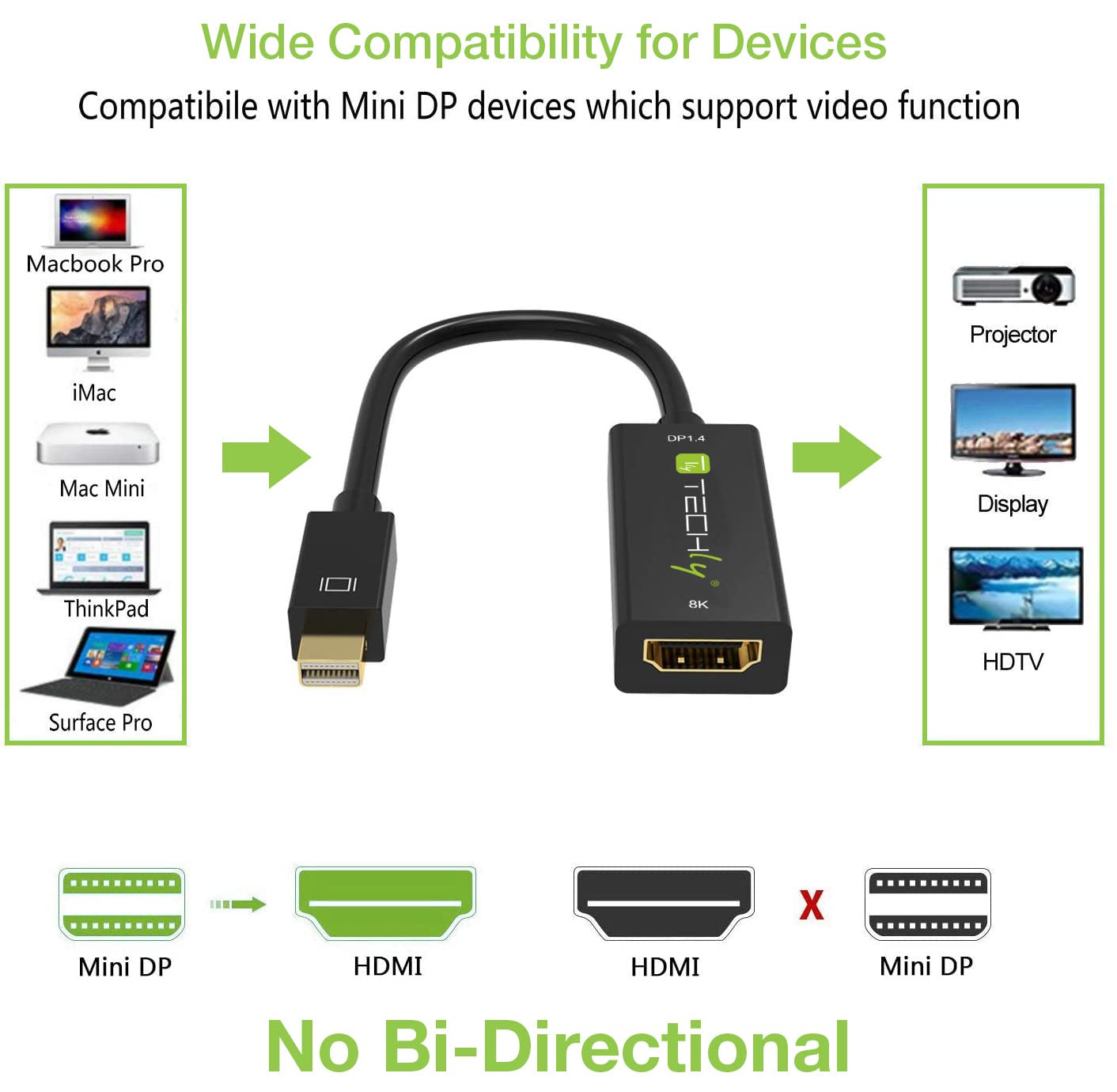 Techly 364170 Adapter Mini DisplayPort (Thunderbolt) 1.4/HDMI 8K aktywny czarny