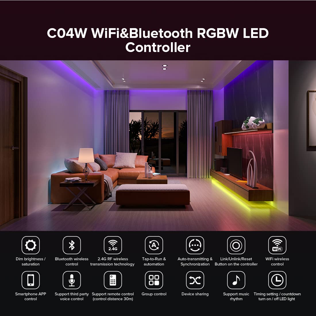 SEZO C04W RGBW WiFi Bluetooth LED Controller Gruppensteuerung Kompatibel mit Alexa Google Home/Tuya Smart Life APP Steuerung Arbeit with RC03RFB RC03RFW Remote DC12-24V