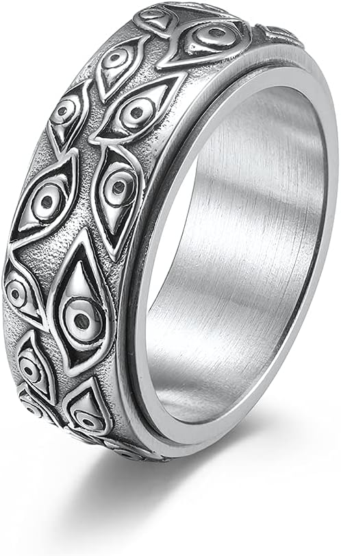 Gothic Evil Eye Ring for Men Stainless Steel Eye of God Ring Vintage Spinner Ring Stress Relieving Fidget Rings for Anxiety