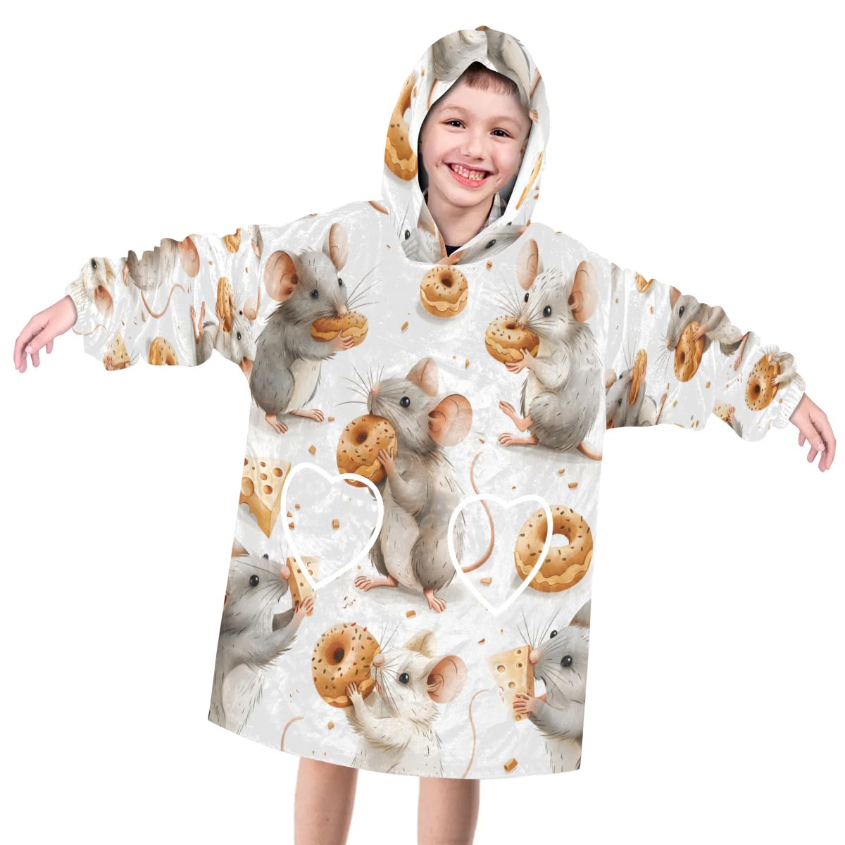 Wearable Blanket Hoodie for Kids, Cute Mouse Fleece Sweatshirt Blanket Oversized Blanket Sweatshirt with Pocket Flannel Warm Hooded Blanket 6-10 Year Old Girl Boy Gift, One Size