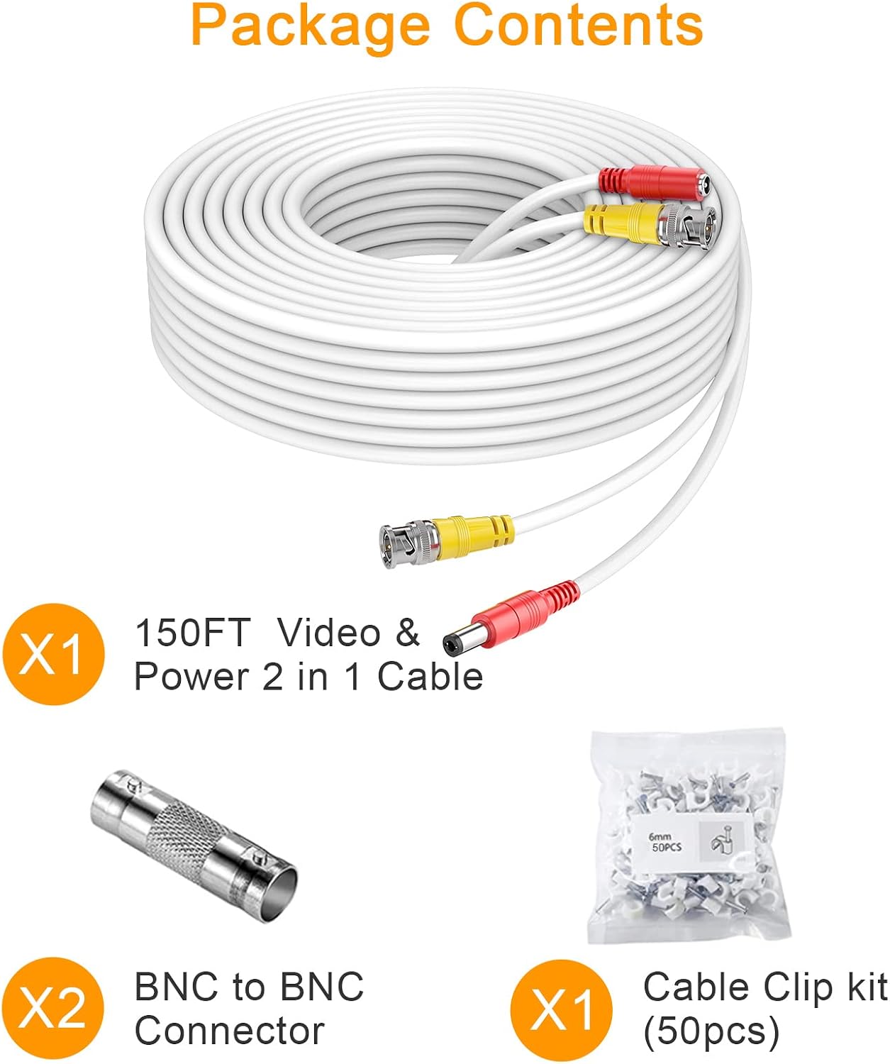 WILDHD BNC Cable,150ft All-in-One Siamese BNC Video and Power Security Camera Wire Cable,CCTV Cable with 2 Female Connectors for All Max 5MP HD CCTV DVR Surveillance System (150ft BNC Cable, White)