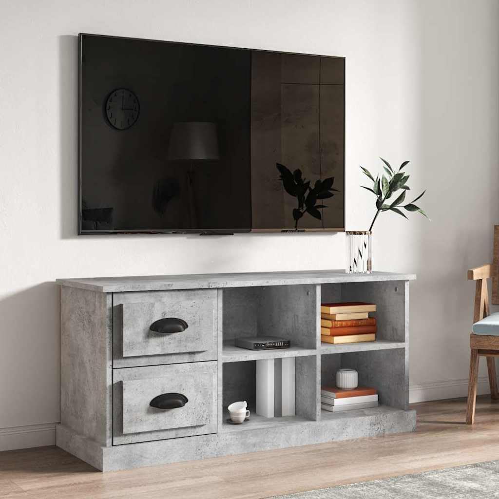 Générique Szafka pod telewizor szary beton 102x35,5x47,5 cm drewno inżynieryjne | 2 szuflady, 4 otwarte przegródki, schludny design, szuflady do montażu po lewej lub prawej stronie