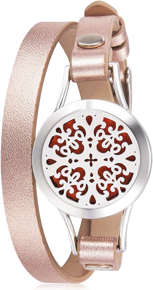 Stainless Steel Aromatherapt Locket Essential Oil Diffuser Bracelet Leather Wrap with 8 pads
