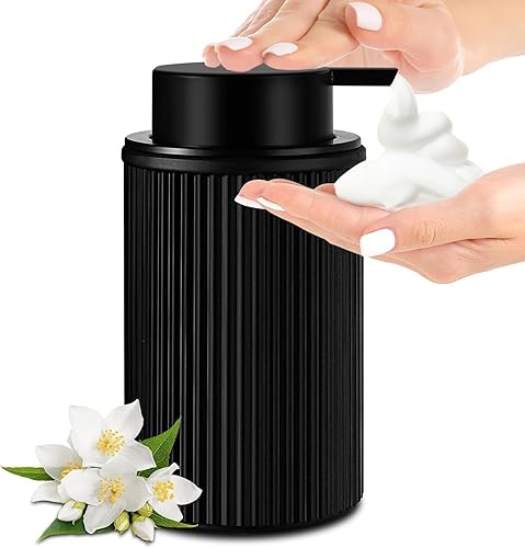 Dispensador de jabón espumoso negro mate, dispensador de jabón de manos de espuma de vidrio acanalado para baño, botella de espuma recargable de 11