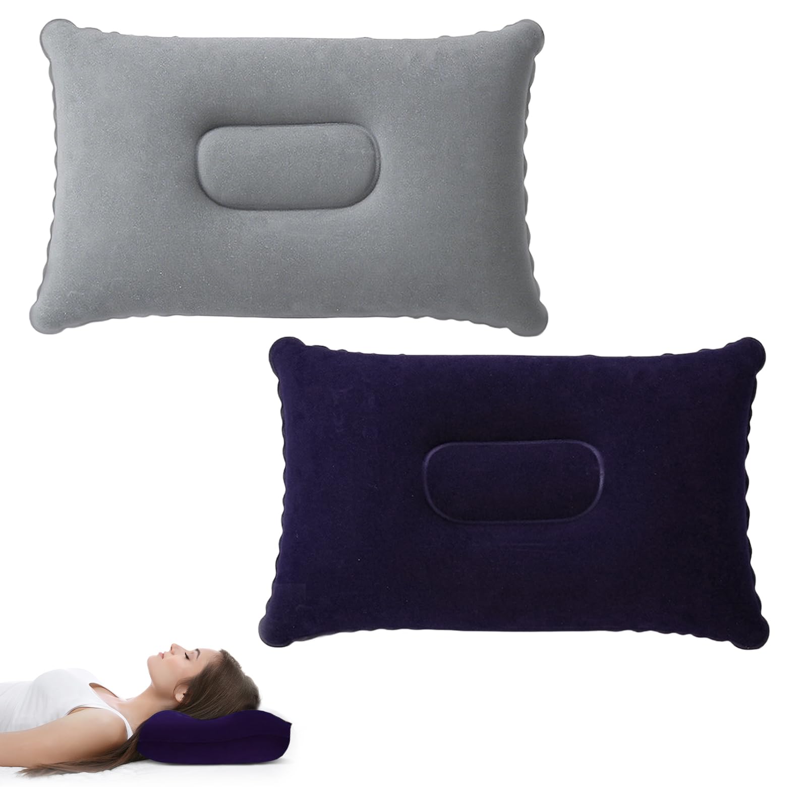 flintronic Kleine Campingkissen, 2PCS Ultraleicht Aufblasbares Kissen, Beflockung Luftkissen, 34x22 cm, Grau + Marineblau