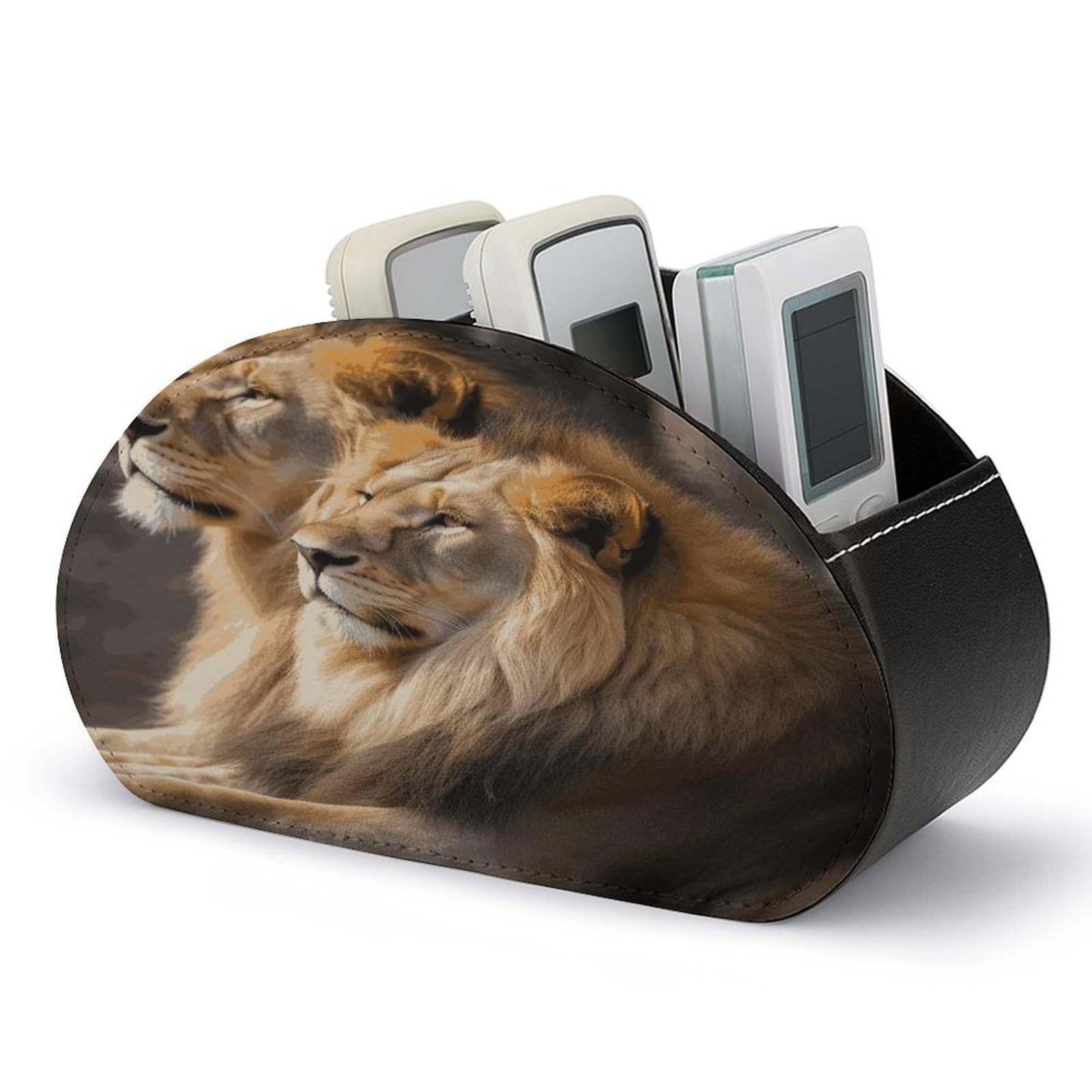 LZQPOEAS Two Lions Remote Control Holder with 5 Compartments PU Leather Remote Organizer Box Caddy for Table Nightstand Remote Caddy Desktop Organizer Fits Media Controllers