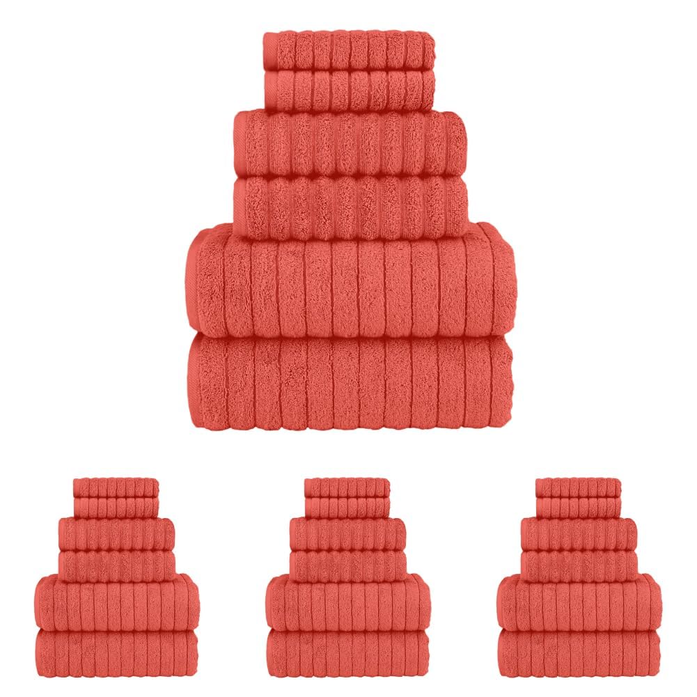 Elegant Comfort 100% Turkish Cotton Corduroy Ribbed Luxury Bath_Towels, Premium Feel - Quick Dry, Highly Absorbent, Contains Bath Towels, Hand Towels, and Washcloths, Coral, 6-Piece Set (Pack of 4)