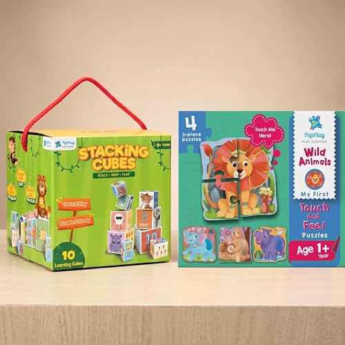 PepPlay Toddler Learning Combo, Stacking and Nesting Cubes + Touch and Feel Wild Animal Puzzle, Montessori Educational Toys for 1 to 4 Year Old Kids, Travel, Early Learning Brain Development Gift Set