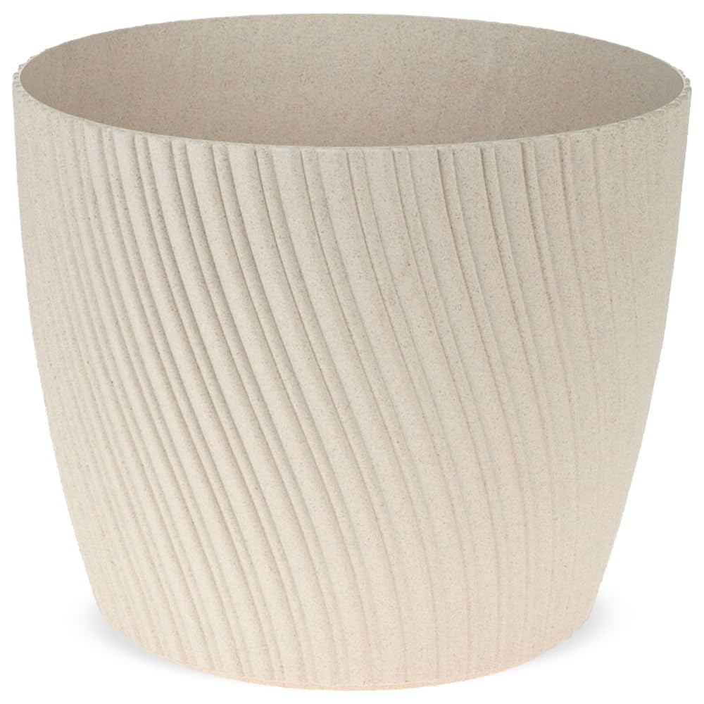 matches21 Maceta redonda de plástico y madera – Maceta minimalista acanalada en color blanco – Maceta grande para plantas de interior de 26 cm de diámetro
