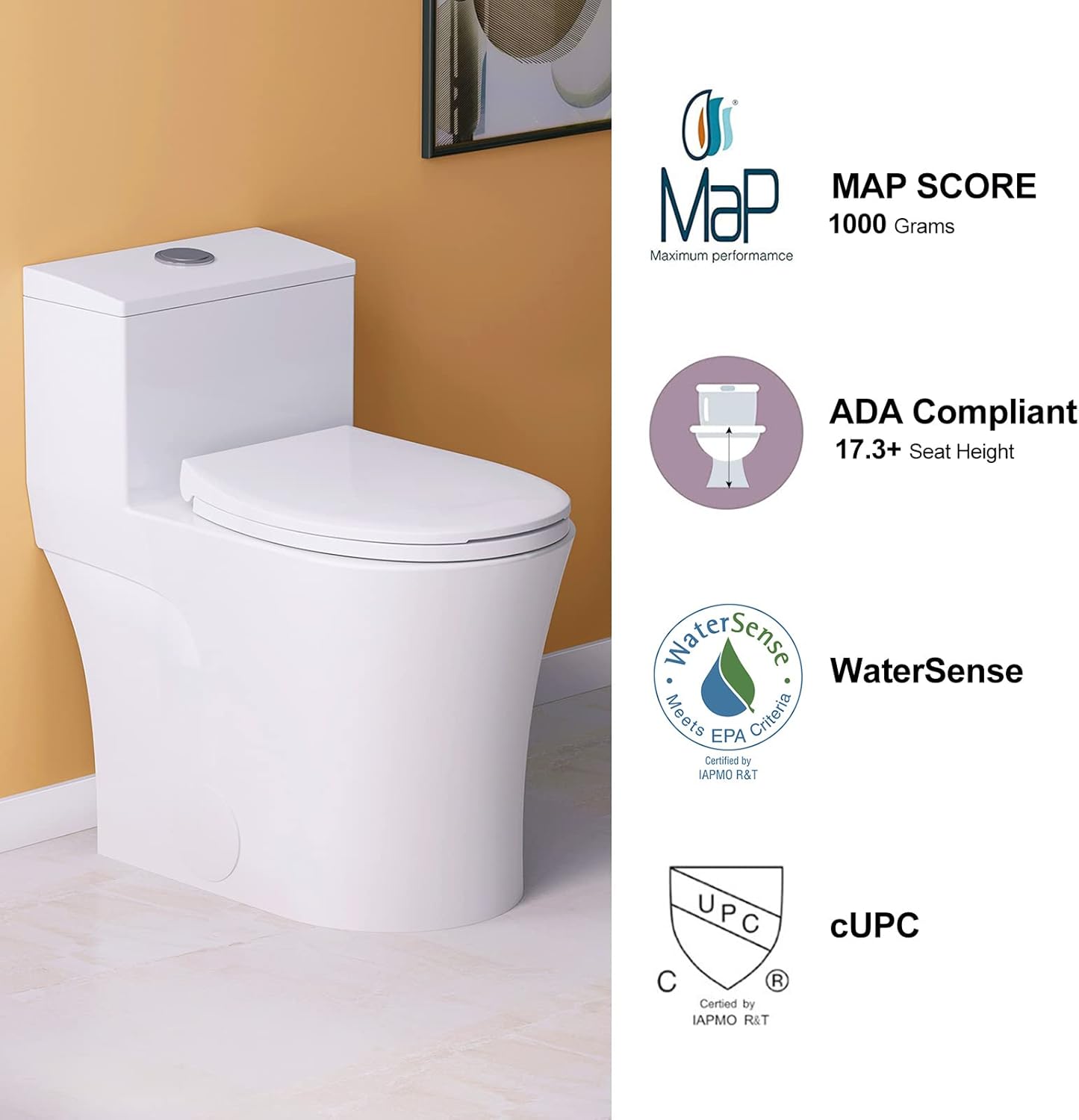 HOROW T0338W Elongated One Piece Toilet with Comfort Chair Seat ADA Height 17.3", Power Dual Flush 0.8/1.28 GPF and MAP 1000g, Standard White Toilet Bowl - - 