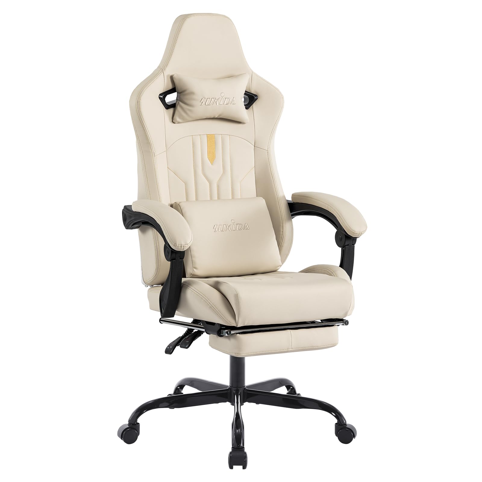 SUKIDA Chaise de gaming ergonomique avec repose-pieds - Chaise de bureau ergonomique avec support lombaire - Beige