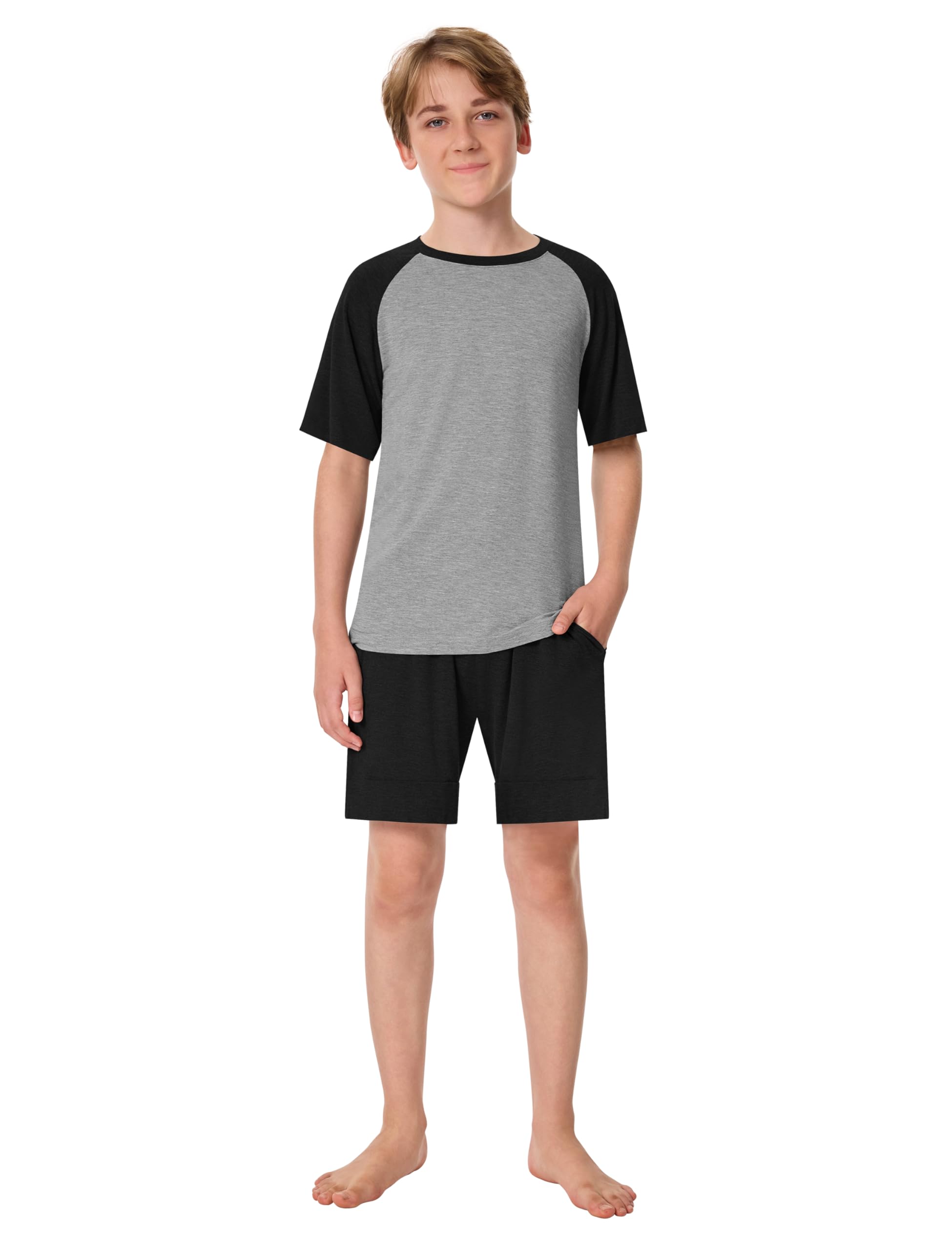 MoFiz Garçon Ensembles de Pyjama Doux Vêtements de Nuit Décontractés Manche Courte Haut et Shorts avec Poches 8-18 Ans