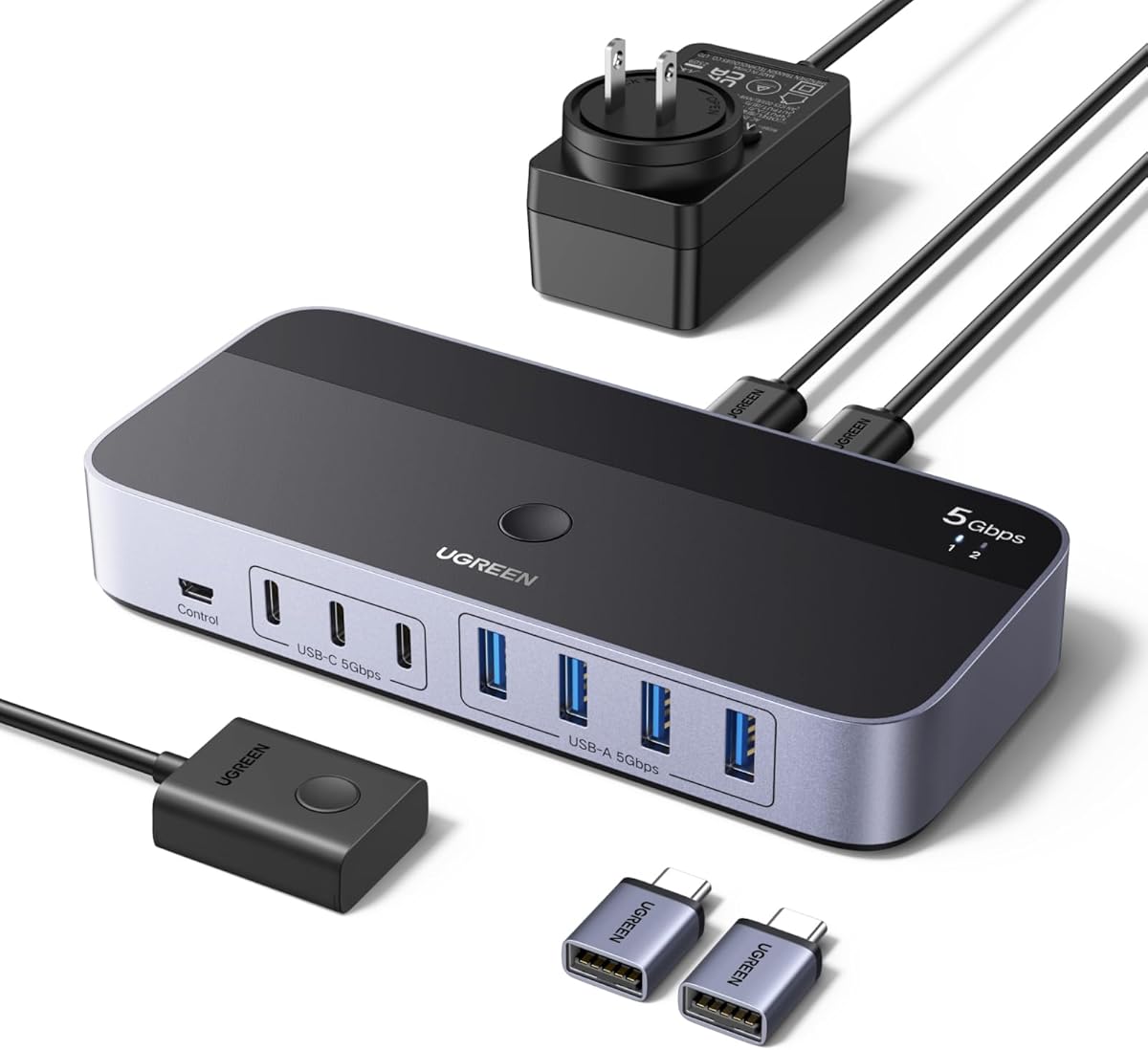 UGREEN 2-in 7-Out USB 3.0 Switch, USB Switcher for 2 Computers Sharing USB A &amp; C Devices (4USB-A + 3USB-C), USB Switches Sharing Keyboard and Mouse with Controller, USB-C Male Adapter, Power Adapter