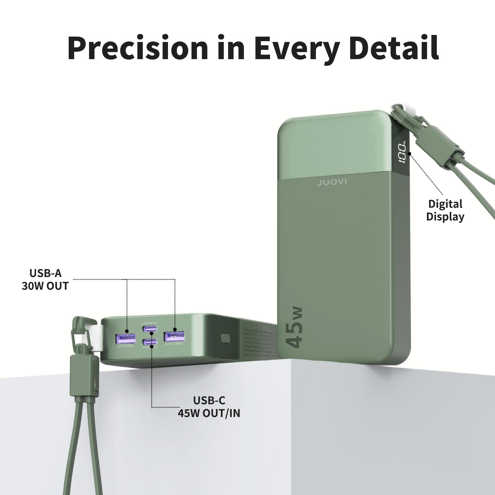 JUOVI 45W Power Bank szybkie ładowanie 20000mAh z odłączalnym kablem USB C | Portable Charger Battery Pack z wyświetlaczem LED, Powerbank Portable Phone Charger dla iPhone 17 16 Pro Samsung S26 S25