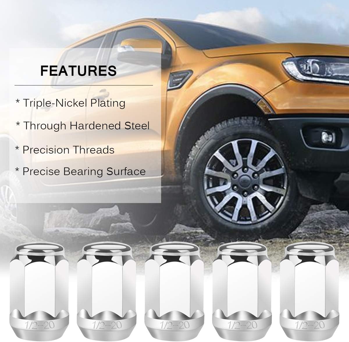 Wheel Lug Nuts 1/2 x 20 - Chrome Bulge Acorn Lug Nuts - 1.38" Tall 3/4" Hex, Compatible for Jeep Wrangler CJ YJ TJ JK Trucks Ford Mustang Ranger 20Pcs