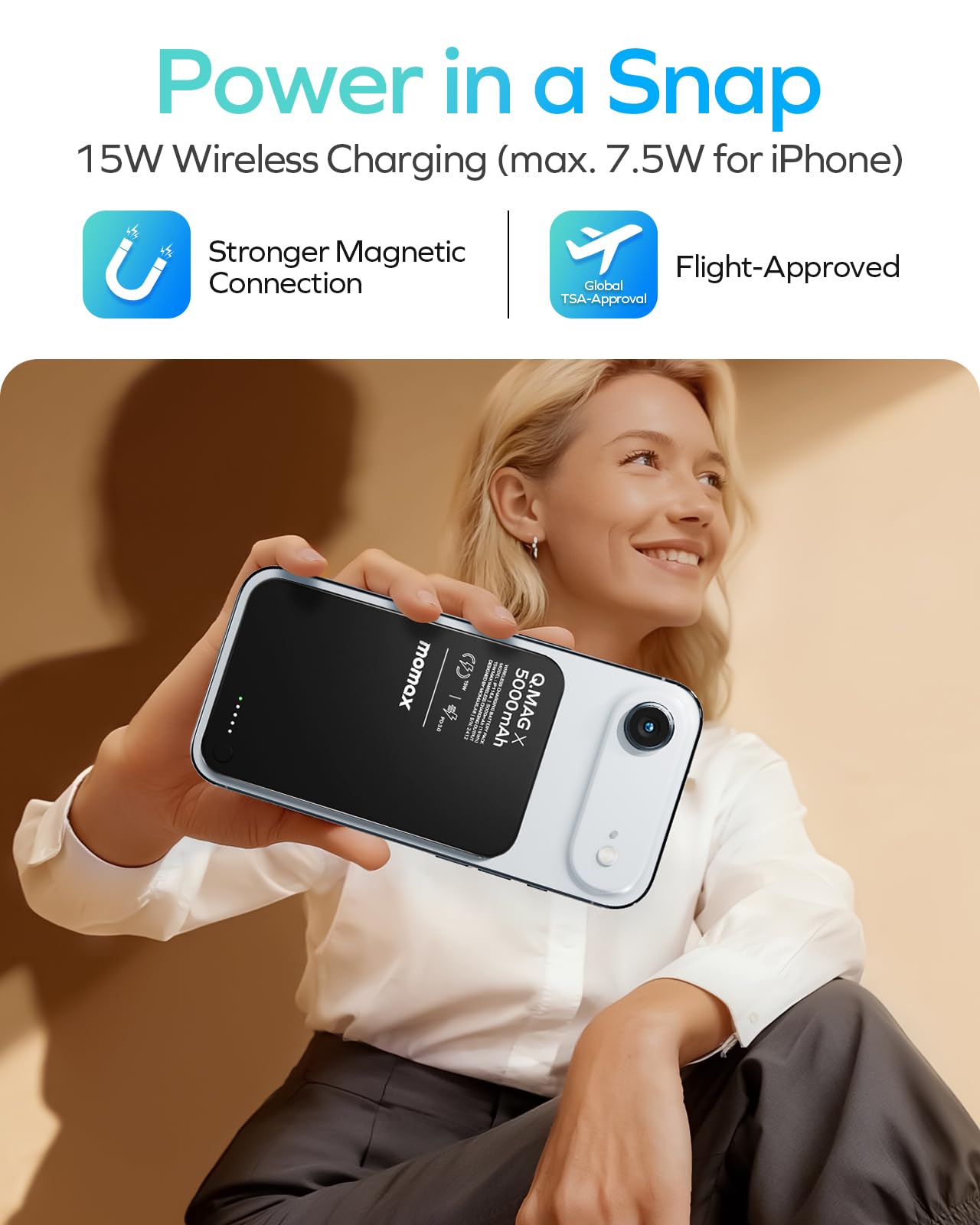 MOMAX de Batería Externa Magnética Inalámbrica 5000 mAh, Cargador Portátil Ultradelgado de 0,3" Compatible con MagSafe, Carga Rápida USB-C PD de 20 W, para iPhone 17/16/15/14/13/12