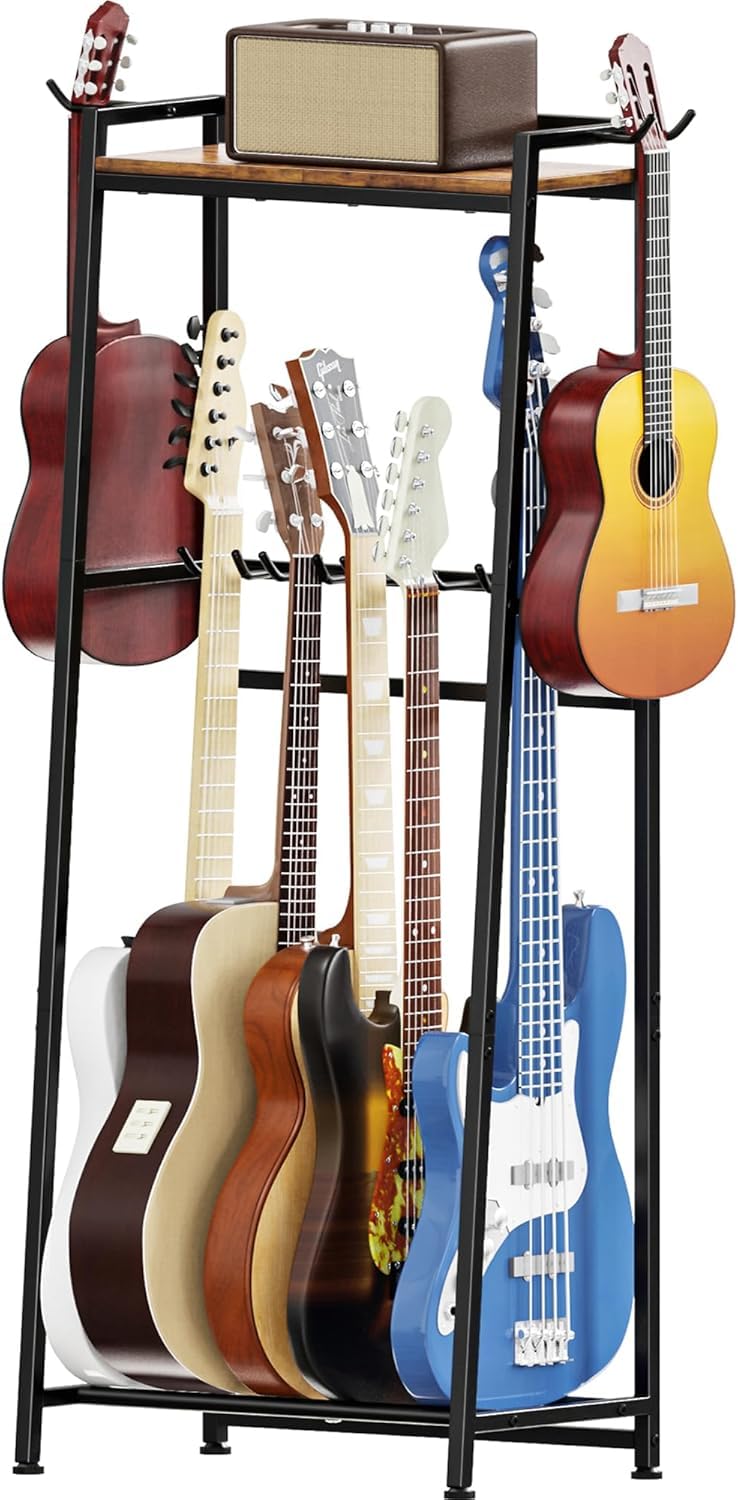 Guitarra Soporte para 5 - 7 Guitarras para Guardar Guitarra Acústica, Bajo, Ukelele,Tocadiscos, Envoltura de Espuma EVA de Doble Nivel, Soporte para Instrumentos Musicales (Marrón)