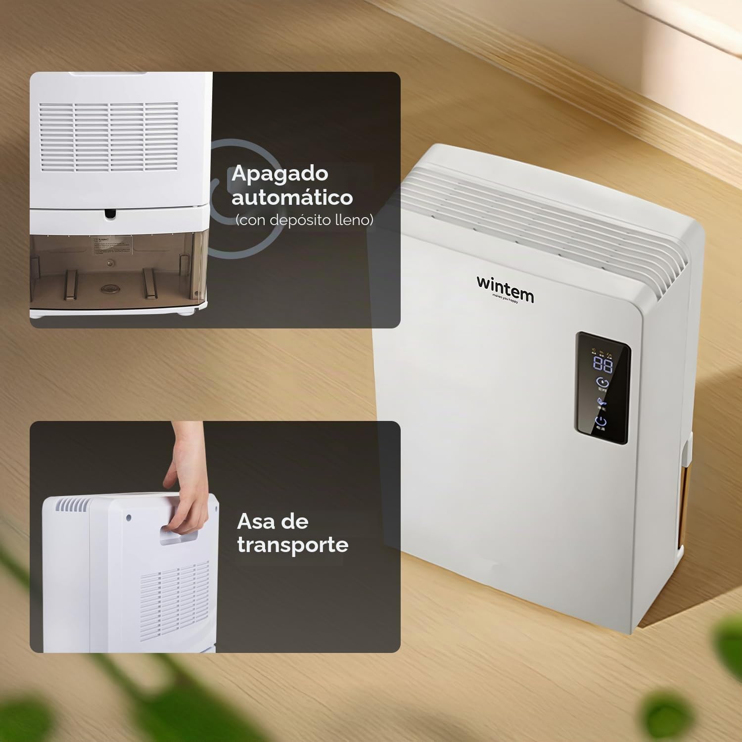 Uranus - Deshumidificador portátil compacto con función de humidificador, deshumidificación inteligente, tanque de 70 W, 2200 ml, con sistema de alarma