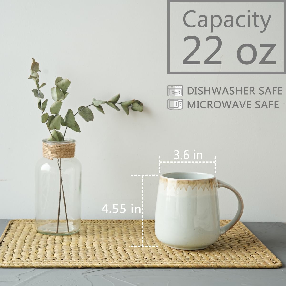 Bosmarlin Large Ceramic Coffee Mug, 22 Oz, Dishwasher and Microwave Safe, Oversized Big Tea Cup (Light Grey bLue) - Image 2