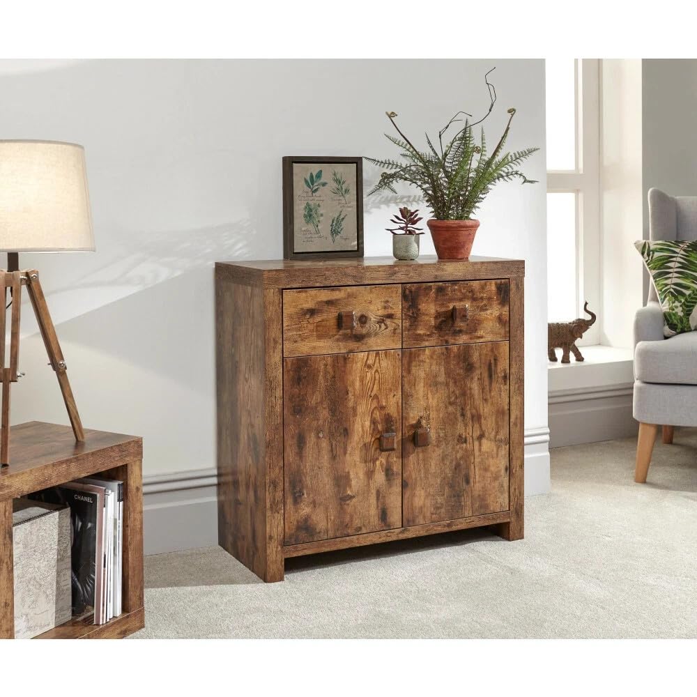 GFW Jakarta Mango 2 Door 2 Drawer Compact Sideboard Distressed Style Multi Unit, 80 cm Width x 35 cm Depth x 80 cm Height
