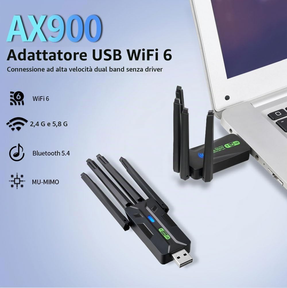 Adattatore WiFi USB 2.4G/5G AX900Mbps Con Bluetooth 5.4 – Plug And Play, Senza Driver