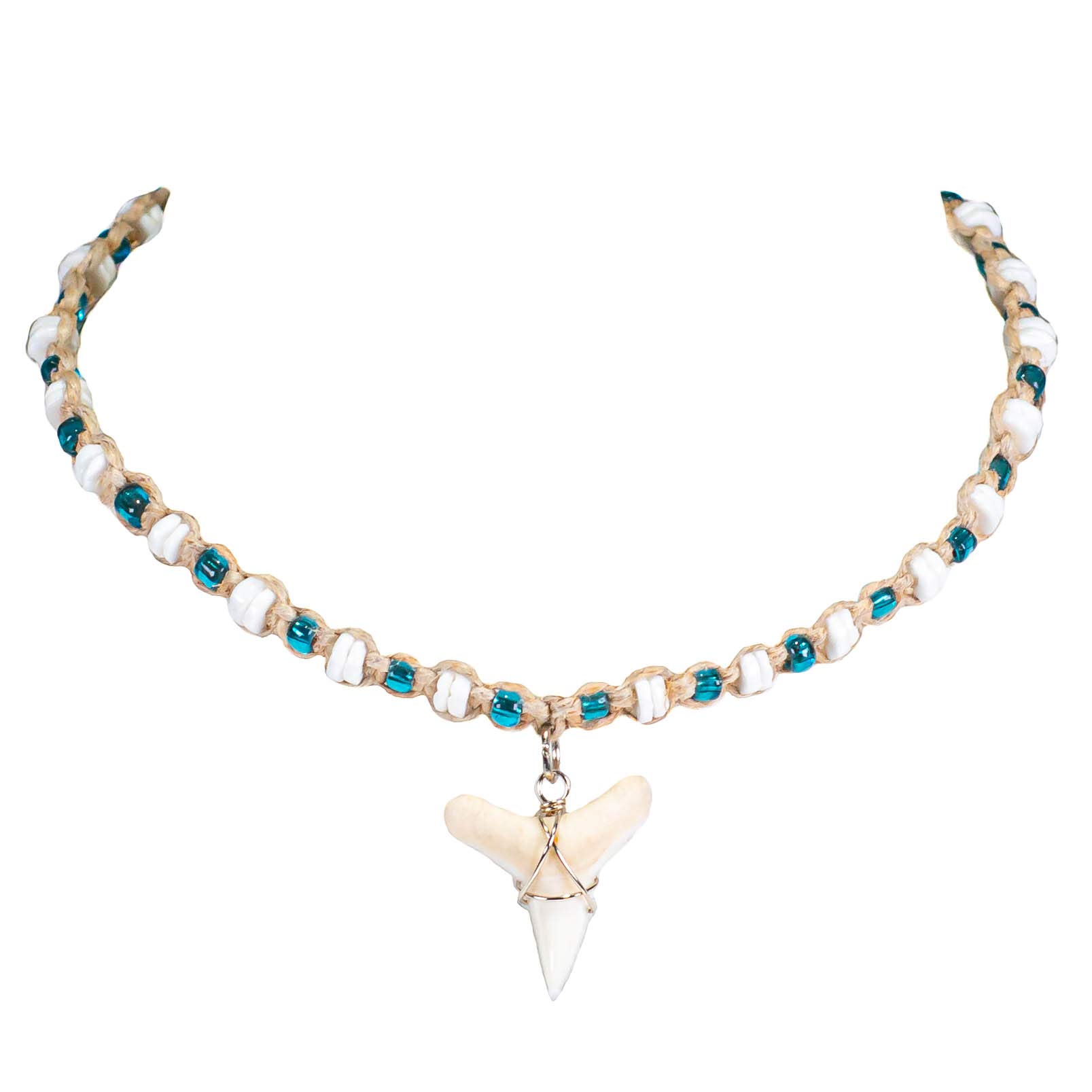 BlueRica Shark Tooth on Hemp Choker Necklace with Puka Shell Beads (3L)