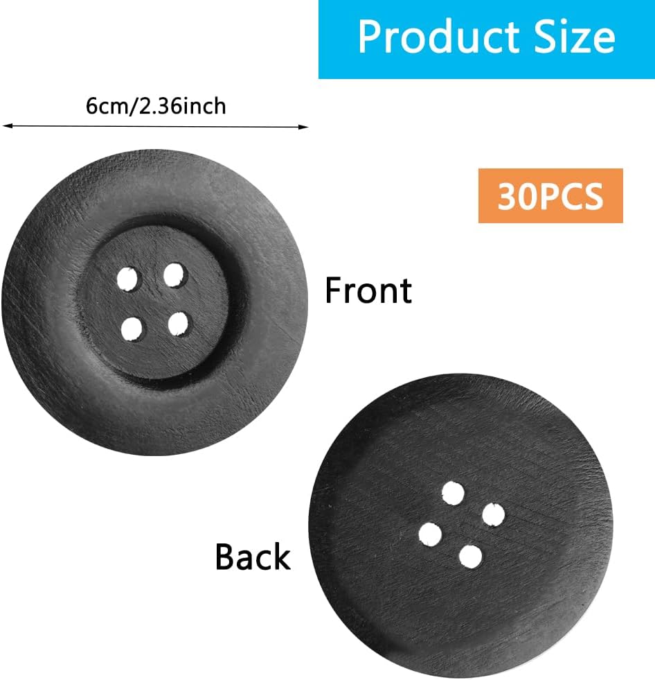 30 Pieces 2.36 Inch Large Wooden Buttons for Sewing Crafts, 4 Holes Big Size Round Sewing Button Large Wood Buttons for Craft Sewing DIY Clothing Decoration(Black)