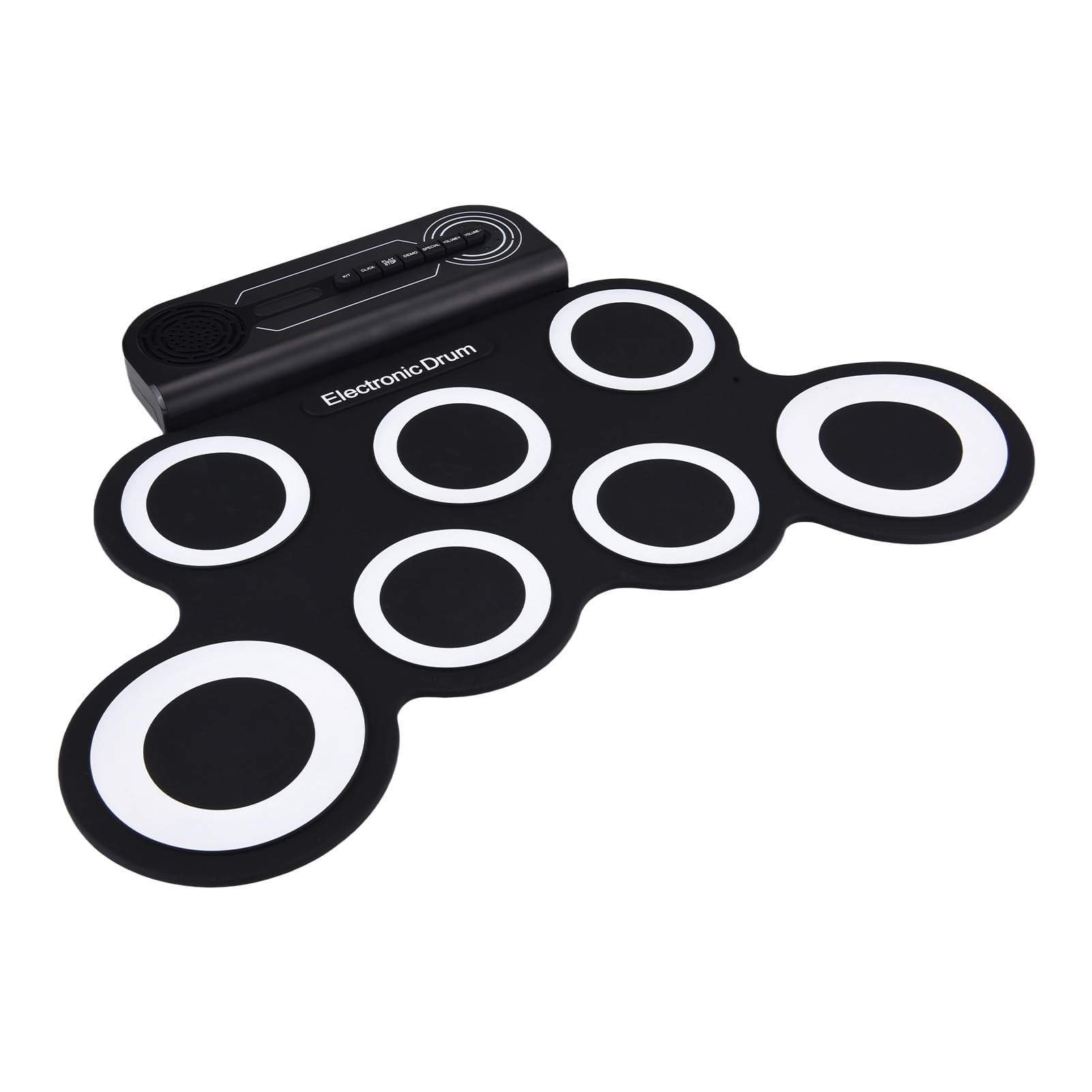 Walmeck Tambor de Escritorio Portátil Altavoz Rollo de Mano 7 Almohadillas Práctica de Silicona Kit de Tambor para Almohadillas para Principiantes Recargables (En y negro)
