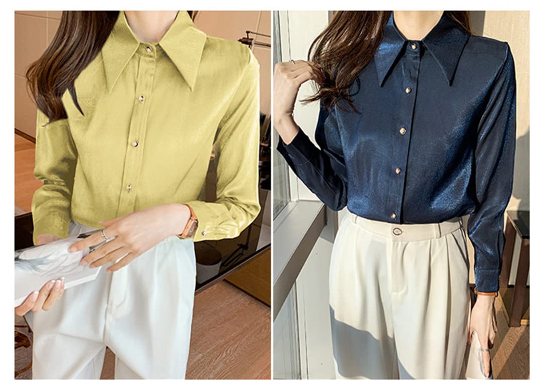 Chemise à Revers à Manches Longues pour Femmes Blouses en Satin Ample décontractées Femme Affaires Travail Chemise en Soie Formelle