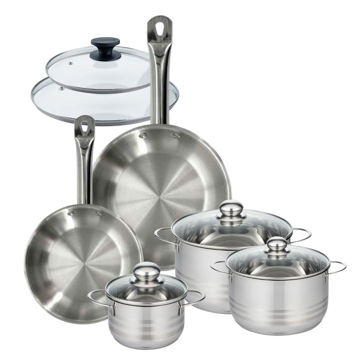 Fackelmann Batterie 2 poêles 24/28 cm, couvercles et faitouts | Lot complet pour équiper la cuisson, 2 poêles et 3 faitouts, Inox et verre, Couvercles 24 et 28 cm, Induction gaz four