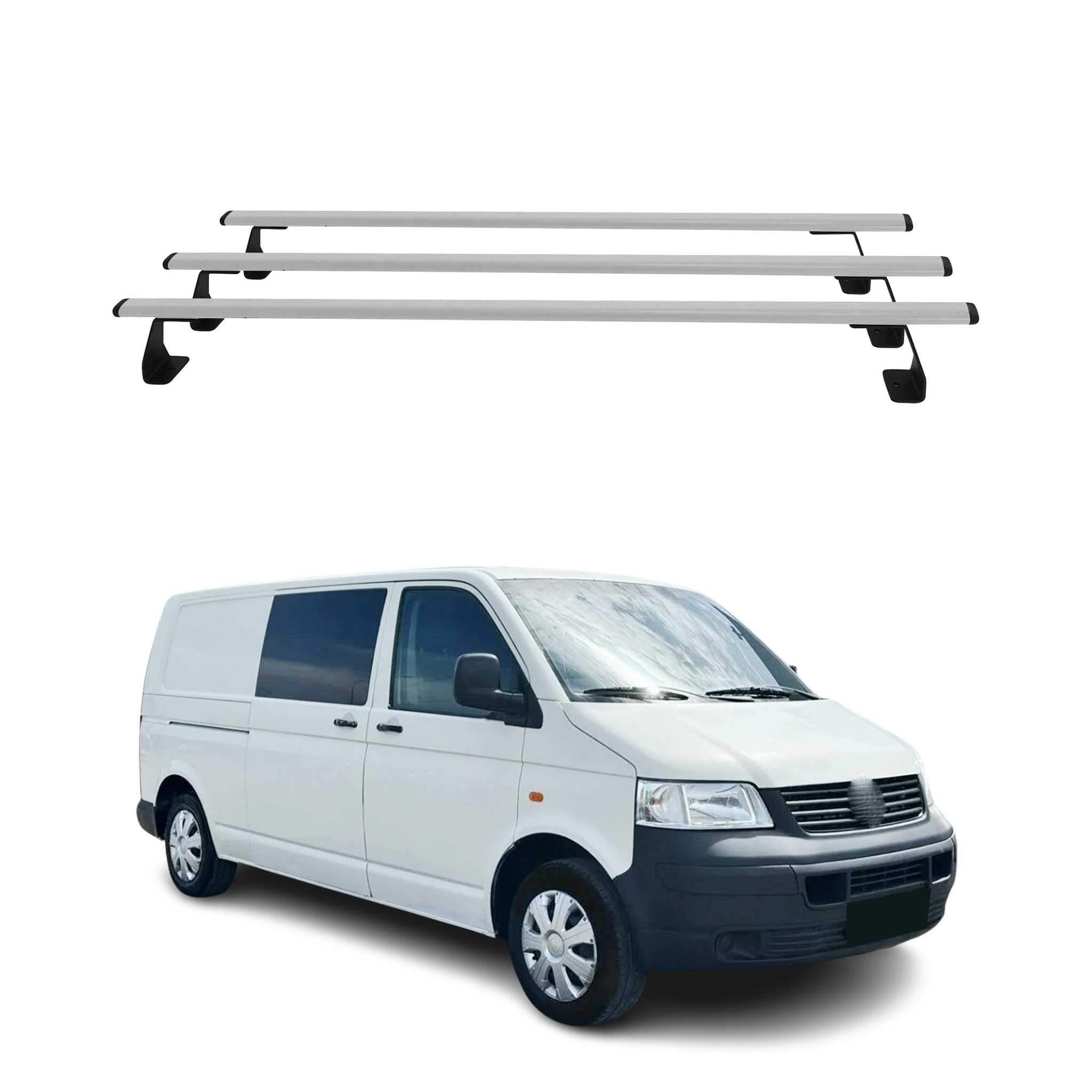 OMAC Heavy Duty Barras de Techo Transversales Compatibles con VW T5 T6 Transporter Multivan Caravelle 2003-2024 – 3 Stangen – Acero Plata
