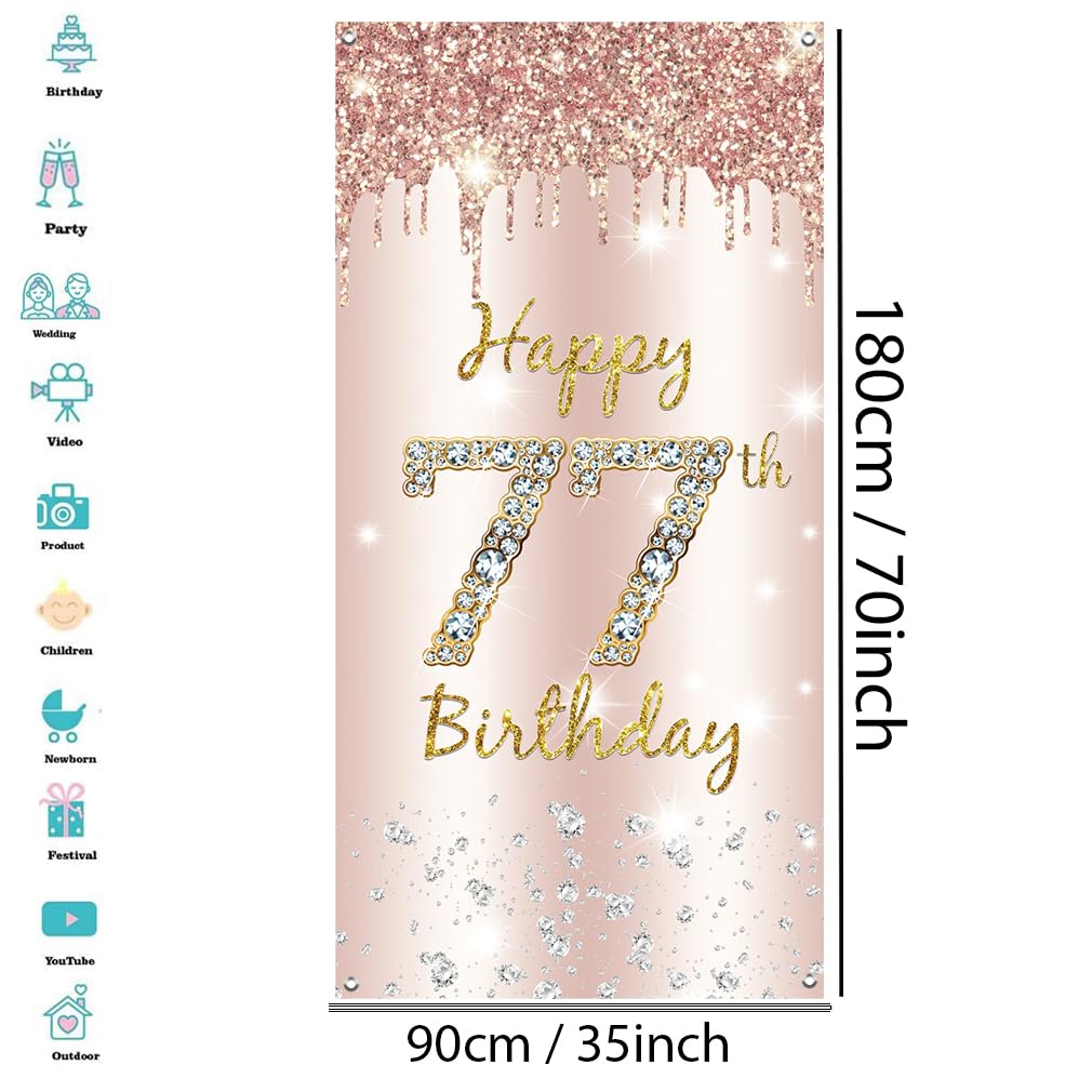 Dekoracja na 77. urodziny kobiety, Happy 77th Birthday Door Banner różowe złoto, 77. urodziny tkanina tabliczka plakat dekoracja drzwi, 77. urodziny tło baner damski, przyjęcie urodzinowe tabliczka