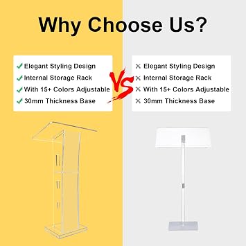 Acrylic Podiums for Church with 4 Wheels, 43 Clear Pulpit for Churches with Storage Shelf, Modern Lectern with 15 Colors Adjustable for Classroom, Conference, Wedding