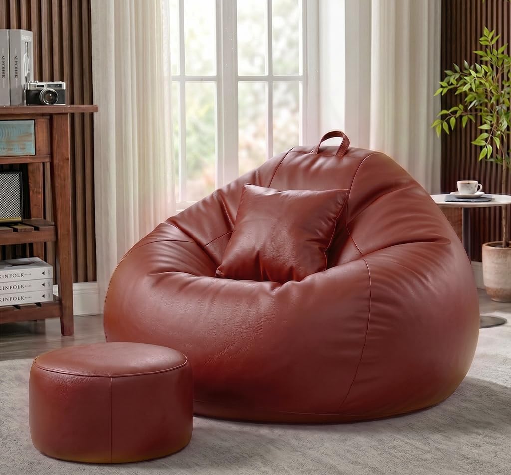 Sattva Classic 3XL Bean Bag Chair with Beans Filled | Sofa Style Faux Leather Beanbags with Footstool & Cushion | Pre-Filled Bin Bags Sofa & Beam Bag for Adults | Home & Office, Tan-image-31