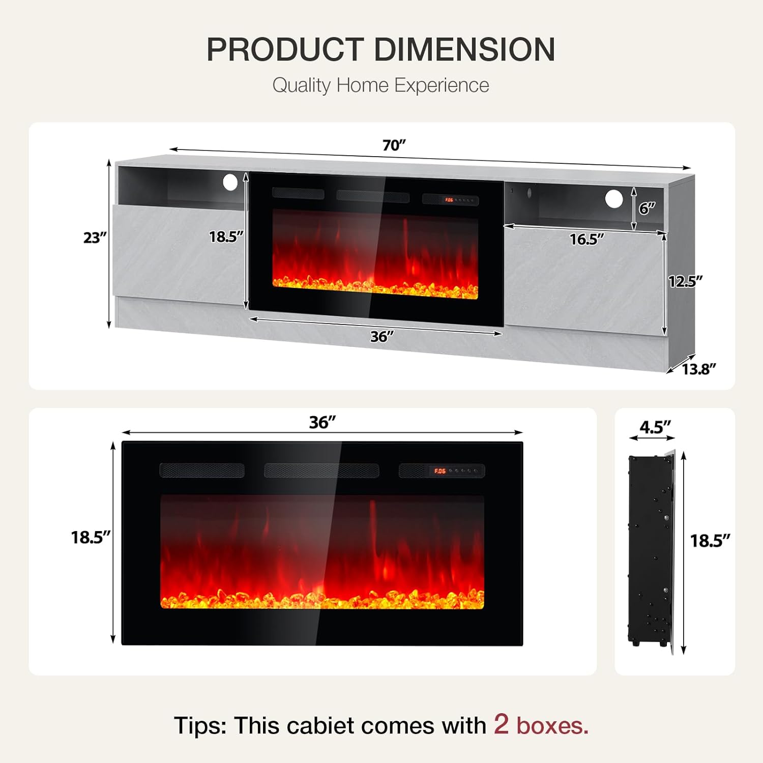 Diagram showing the dimensions of the 70-inch TV stand and the 36-inch electric fireplace, including height, width, and depth measurements.