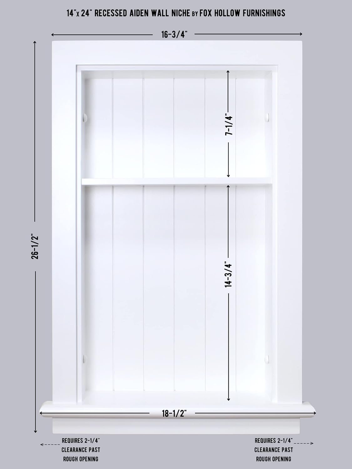 14x24 Recessed Aiden Wall Niche - Wall Shelf for Storage and Home Decor, 1 Shelf (White W/Beadboard Back)