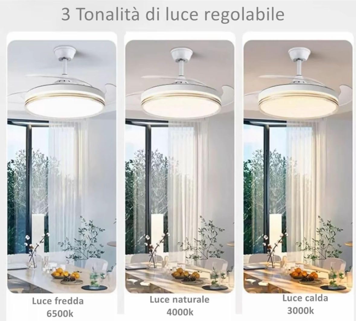 Ventilatore da Soffitto con Luce LED Integrata e Pale a Scomparsa, Plafoniera LED Regolabile 3 Modalità di Luce con Telecomando, Diametro 107 cm, per Soggiorno e Camera da Letto