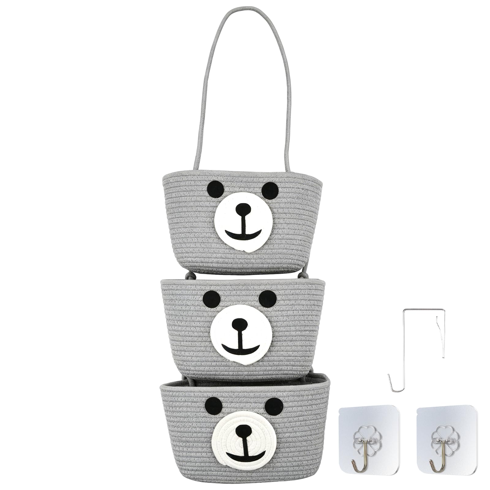Panier suspendu ours 3 étages en coton gris avec crochets pour porte