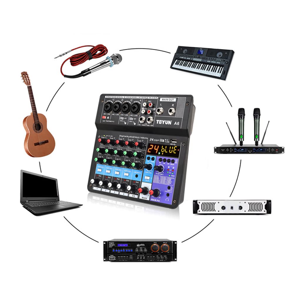 Mikser audio USB, A6 6CH przenośny mini mikser konsola audio z kartą dźwiękową, nagrywanie USB, śpiewanie webcast, mikser imprezowy