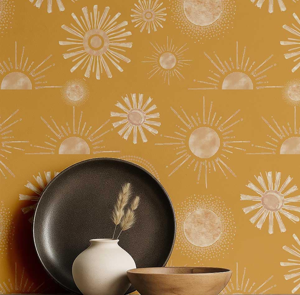 Papier peint moderne Sunburst S4Sassy 63x304cm vinyle autocollant jaune bohème pour salon