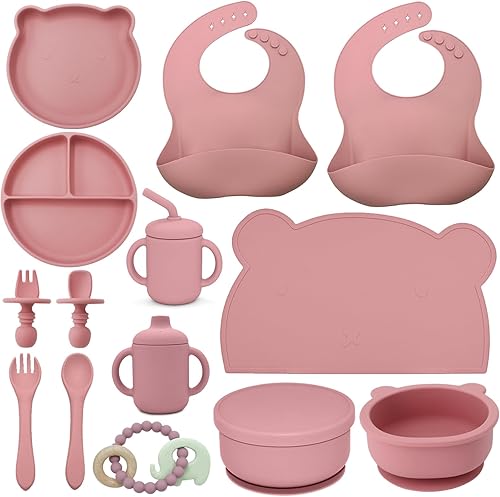 Juego de alimentación de silicona para bebés, suministros de destete LED para bebés, incluye cuenco de placa de succión, baberos de tenedor y