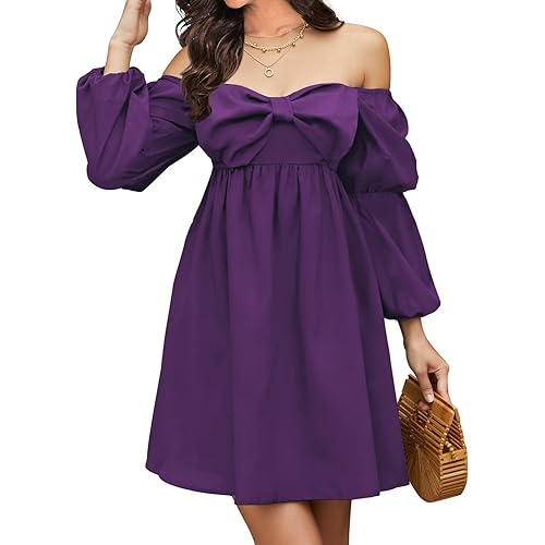 EXLURA Womens Summer Casual Wedding Guest Dress Square Bow Neck Long Puff Sleeve Dress Empire Waist Babydoll Mini Dress