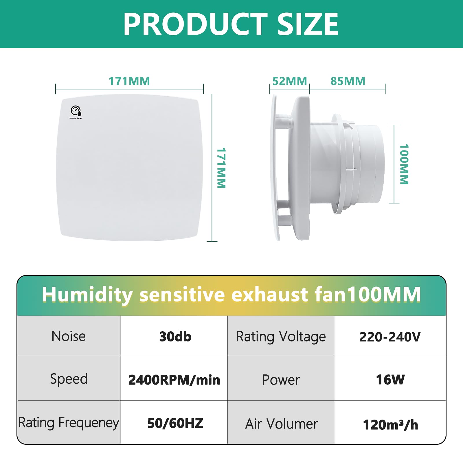 FanGoFast 100mm Ventilador de Baño, Extractor de Baño con Sensor de Humedad y Temporizador Ajustable, Silencioso con Aleta Inversa, Ventilador de Pared para Cocina Baño Garaje (Blanco, 100B-humedad)