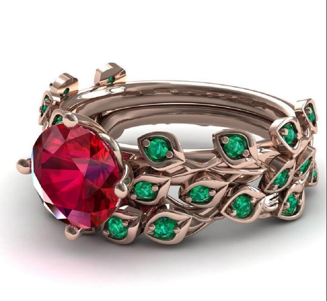 Round Cut Red Ruby & Green Emerald Women's Leaf Cluster Wedding Engagement Bridal Ring Set 925 Sterling Silver 14K Rose Gold Finish